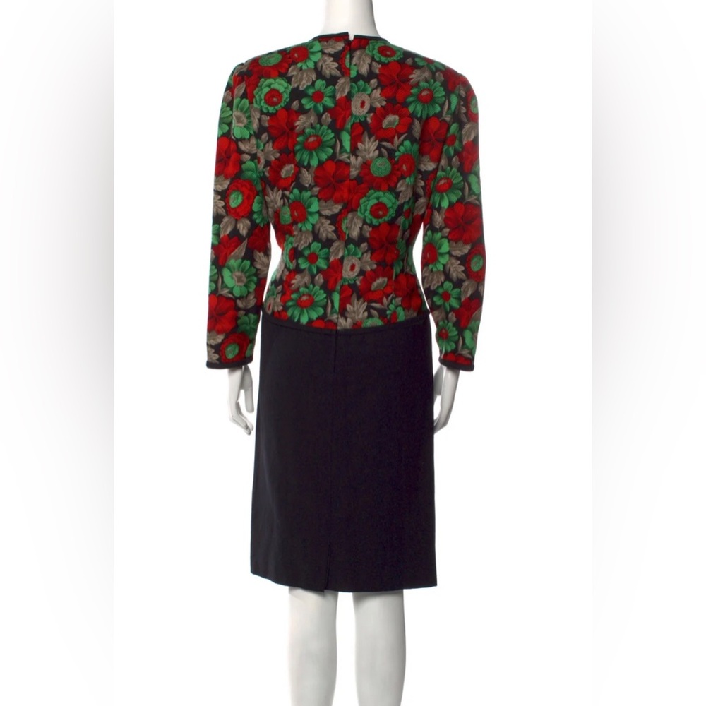 Vintage early 1980s Adele Simpson Black Floral Print Red & Green Sheath Dress 14 - Picture 3 of 4